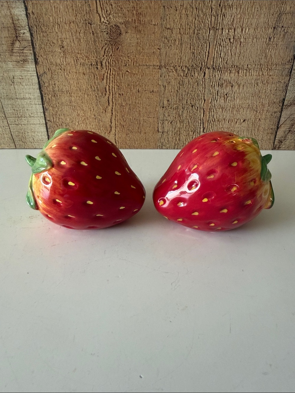 Ceramic Strawberry Salt and Pepper Shakers - Red with Green Tops